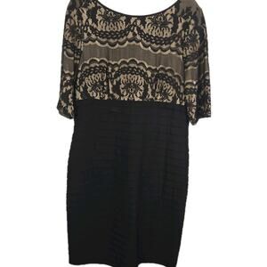 ADRIANNA PAPELL Black Tiered Lace Beige Bodice Dress PLUS 16 MOBWIFE DESIGNER